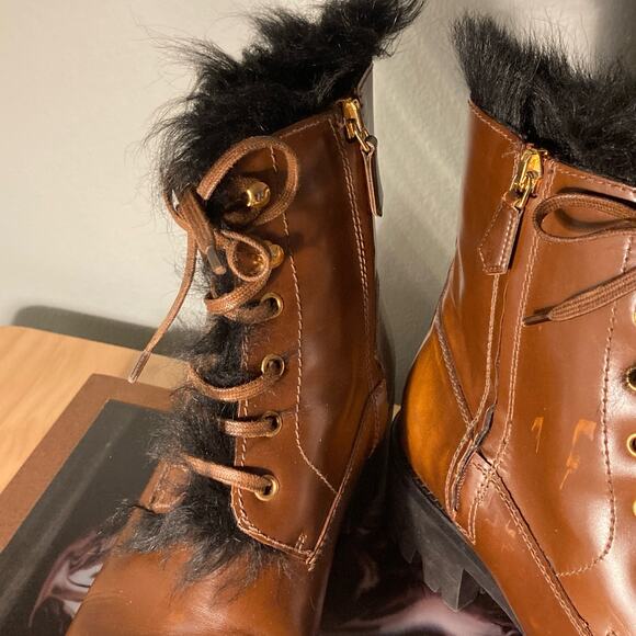 Prada Tobacco Burnished Leather Fur Combat Boot Orig $1400 Sz 38 / 7.5 8~ Mint - Picture 6 of 12